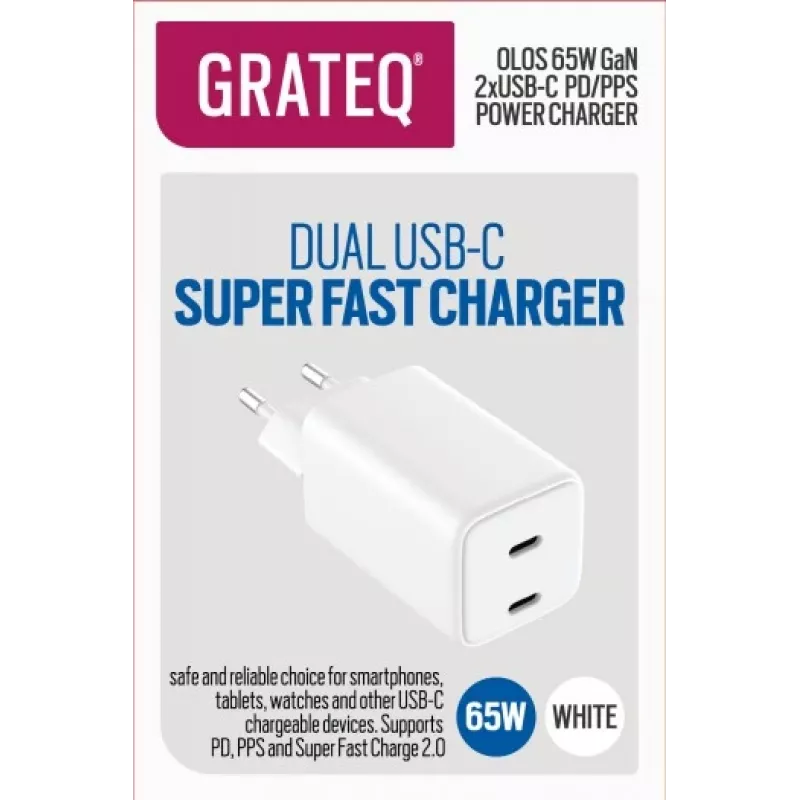 GRATEQ OLOS cargador de pared PD/PPS, 2x USB-C, GaN, 65 W