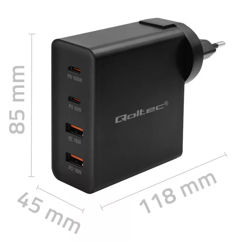 Qoltec Cargador GaN POWER PRO | 2xUSB-C | 2xUSB | 130W | 5-20V | 1.5-5A | XP | negro