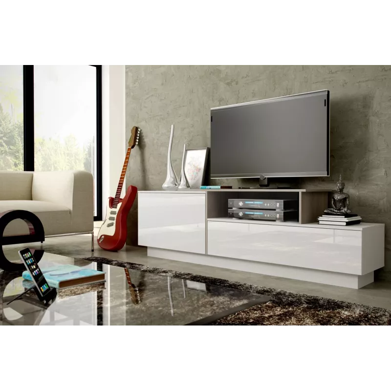 Mueble de TV Cama SIGMA 3 180 blanco/blanco brillante + roble Sonoma