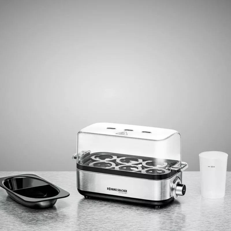 Huevera Rommelsbacher ER 600 — huevera eléctrica, capacidad 6 huevos, 400 W, acero inoxidable, tapa transparente