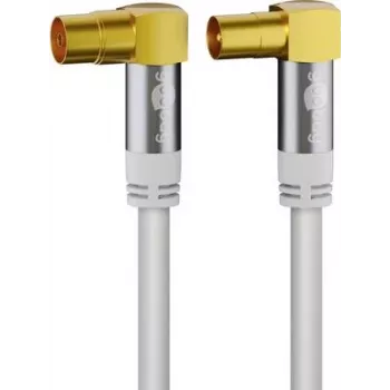 Goobay cable de antena de TV (tipo 135 dB), apantallado cuádruple, 10 m, blanco - dorado, conector hembra coaxial 90° > conector macho coaxial 90° (70450)