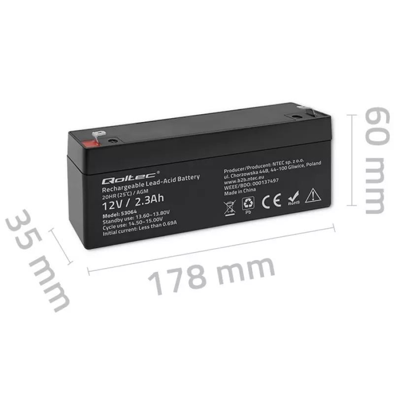 Batería AGM sellada QOLTEC 12V 2,3Ah para sistemas SAI y de respaldo, descarga máx. 34,5A