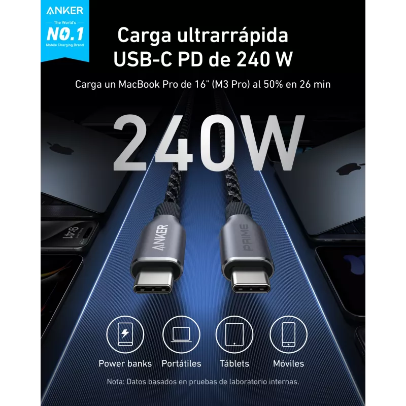 Anker Innovations Prime Cable USB-C a 90 cm 240W trenzado reciclado - Cable - Digital/Datos (A88E2011)