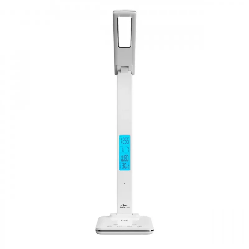 Media-Tech MT222 Leditou lámpara de escritorio LED con cargador inalámbrico Qi de 15 W, reloj, alarma, termómetro, blanca