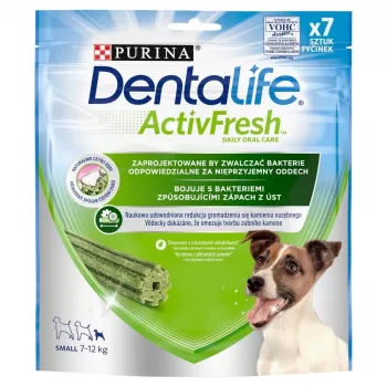 Snack dental Purina Nestle Dentalife Active Fresh Small 115 g — premio de higiene dental para perros adultos de razas pequeñas (aves), prevención del sarro