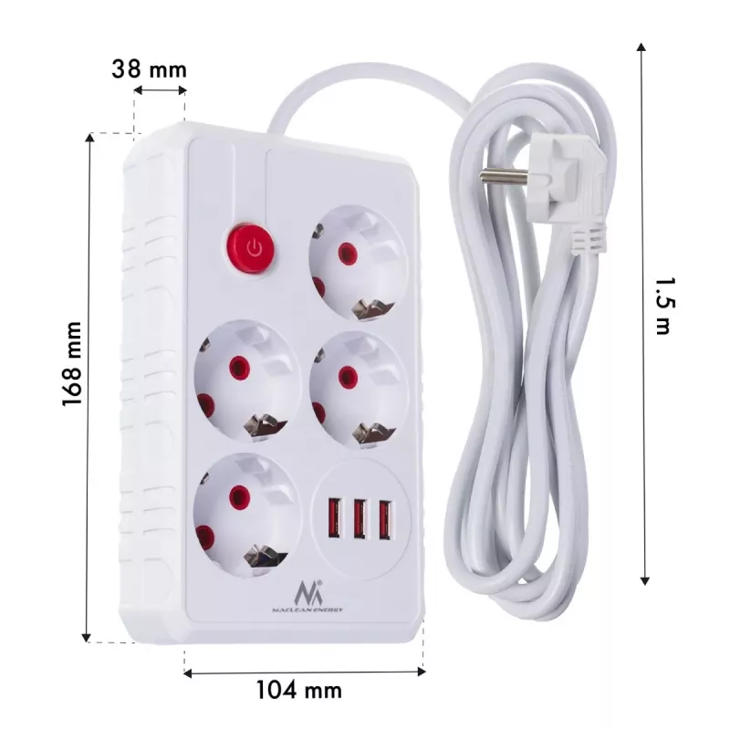 Regleta MACLEAN MCE392 W — 4 tomas de corriente F, 3×USB A, 110–240 V, 2,1 A máx., 2500 W, cable de 1,5 m, blanca