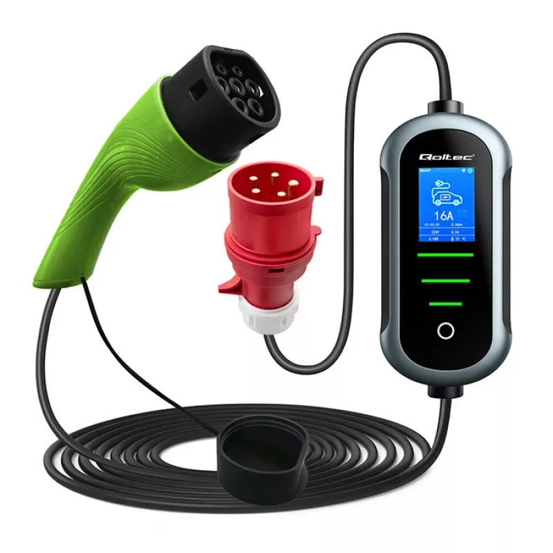 Cargador para coche eléctrico QOLTEC Mobile EV 2en1 Type2 11 kW 400 V Wi‑Fi TUYA SMART LIFE LCD wallbox portátil cable 5 m