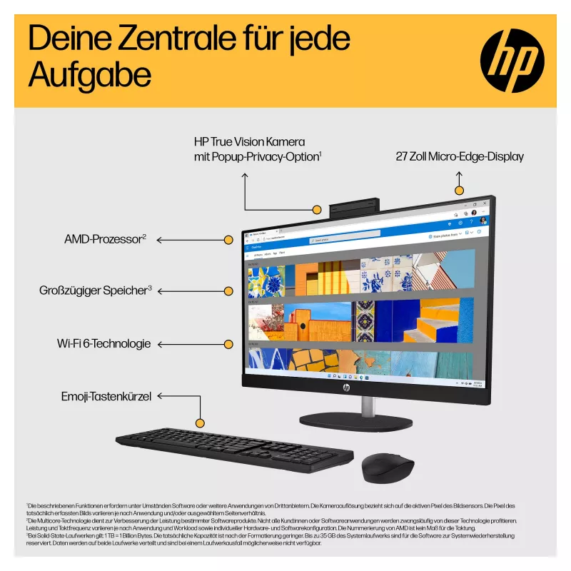 HP 27-cr0471ng - Todo en uno (solución completa) - Ryzen 7 7730U - RAM 16 GB - SSD 512 GB - NVMe - Radeon Graphics - 1GbE, Wi-Fi 6, Bluetooth - WLAN: 802.11a/b/g/n/ac/ax, Bluetooth