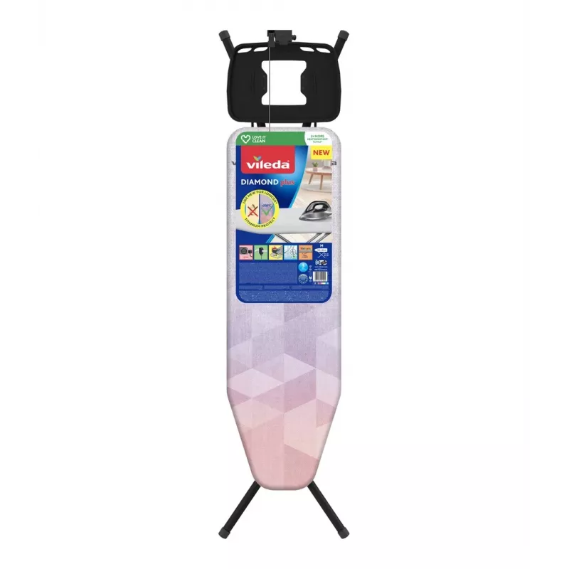 Tabla de planchar de tamaño completo VILEDA Dimond Plus 173270 — 1200×380 mm, altura ajustable 77–97 cm, funda de algodón, patas de acero, soporte para plancha