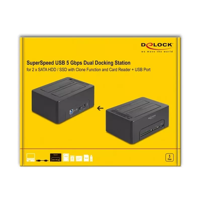 Estación de acoplamiento USB doble DeLOCK para 2 x SATA HDD SSD con función de clonación y lector de tarjetas