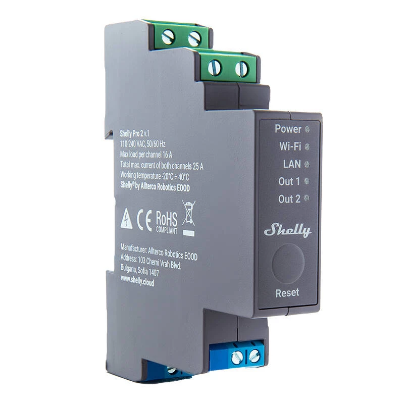 Interruptor de relé Shelly Pro 2 para carril DIN WiFi/LAN/Bluetooth