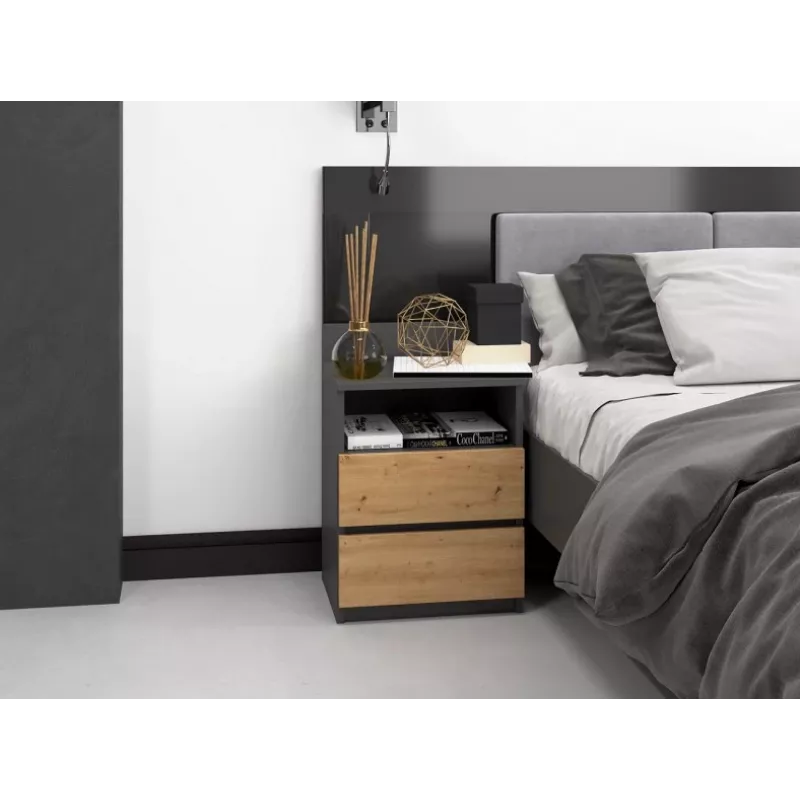 Top E Shop M1 ANTRACYT/ARTISAN mesita de noche, 2 cajones, roble