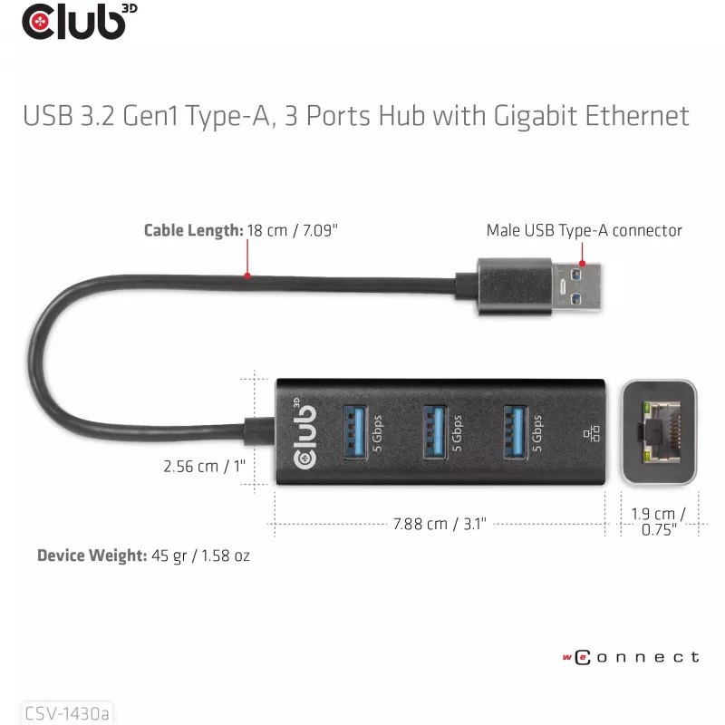 Hub USB CLUB3D USB 3.2 Gen1 Type-A con 3 puertos y Gigabit Ethernet