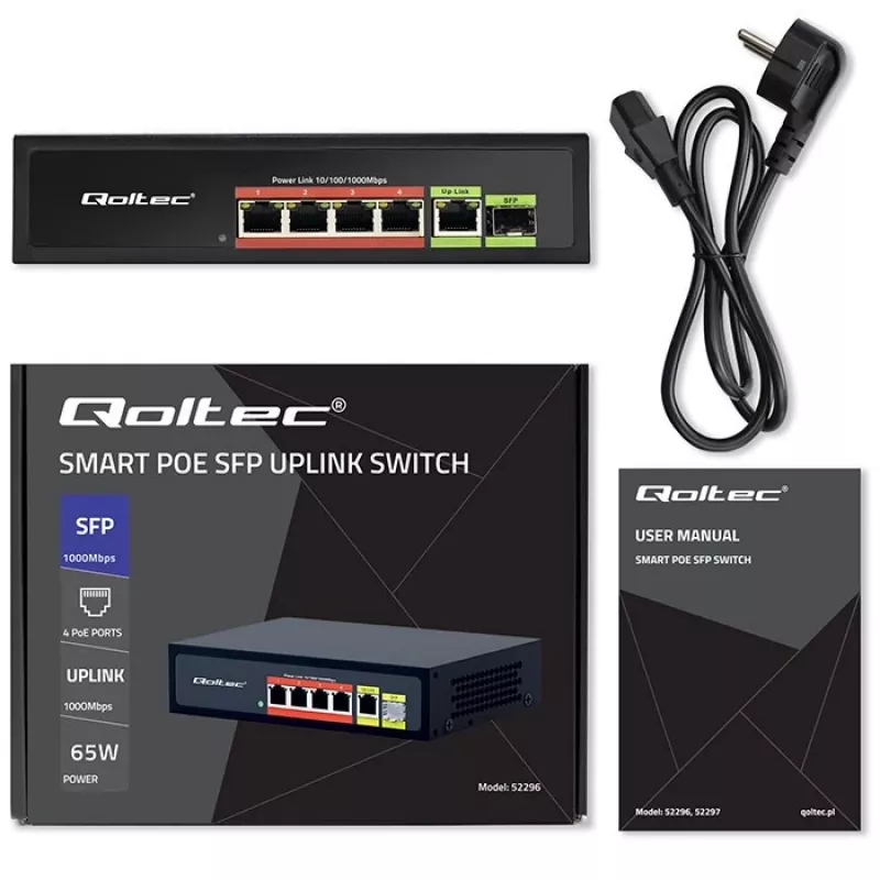 Switch Ethernet PoE QOLTEC 52296 — 4 puertos RJ45 PoE, 1 uplink RJ45