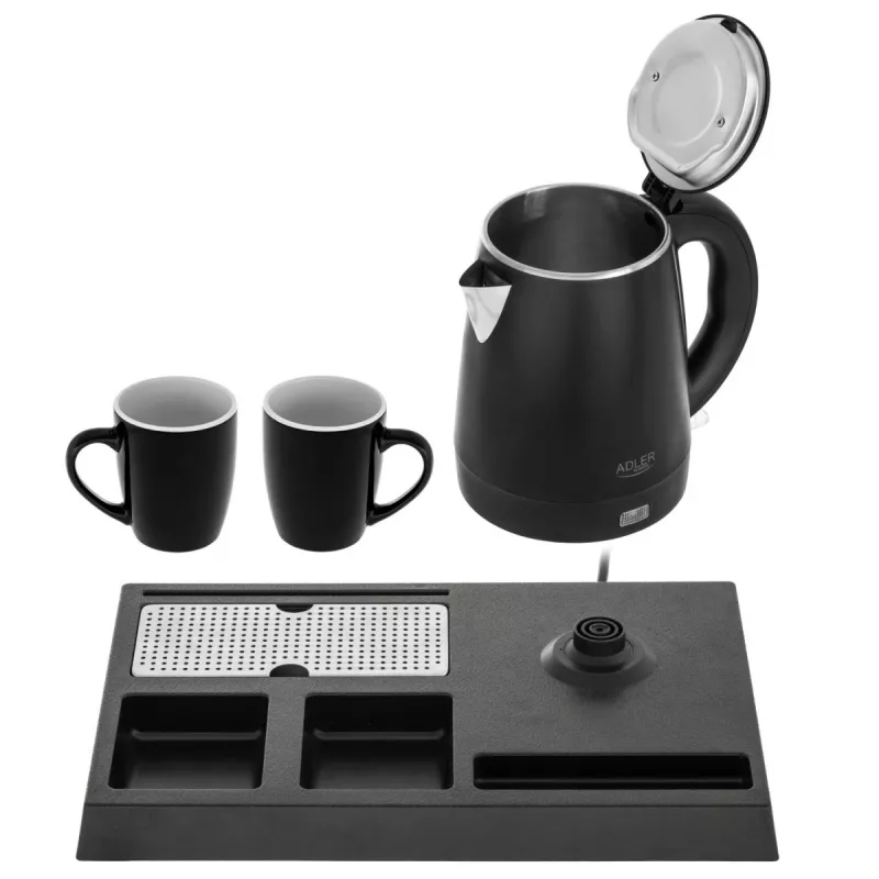 Adler AD 1387 hervidor eléctrico de hotel con bandeja y tazas, 1 l, acero inoxidable