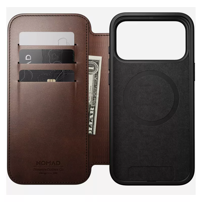 Funda para móvil Nomad Modern Leather Folio para iPhone 17 Pro Max — marrón, cuero, pantalla de 6,3