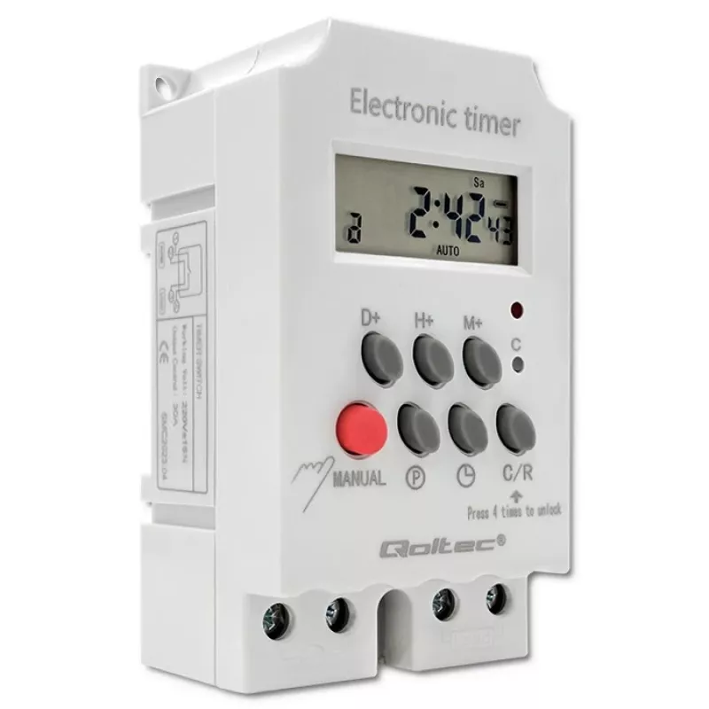 Temporizador electrónico para carril DIN QOLTEC PC0629 — alimentación 24V, salida 16A