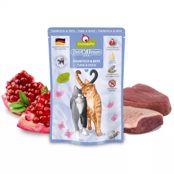 Comida húmeda para gatos Fox4Pets DeliCATessen Atún y pato 85 g bolsa, alimento completo sin cereales para gatos adultos