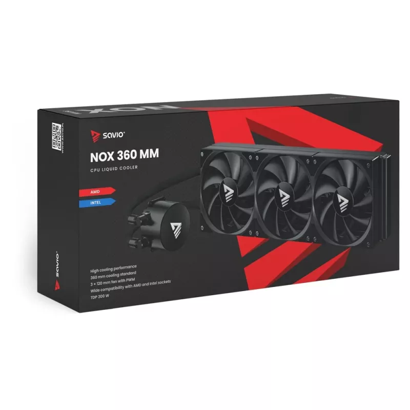 Kit de refrigeración líquida SAVIO NOX 360 mm (3 ventiladores de 120 mm, base de cobre, radiador de aluminio) negro, 600–1800 rpm