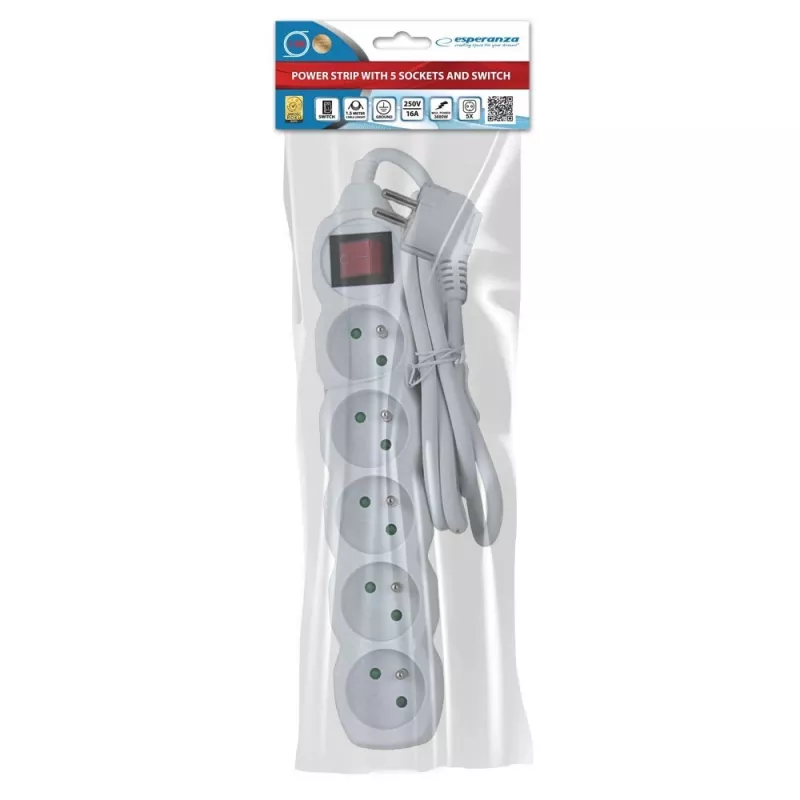 Regleta ESPERANZA ELK214W 1,5 m, 5 tomas de red tipo E, para interiores, blanca
