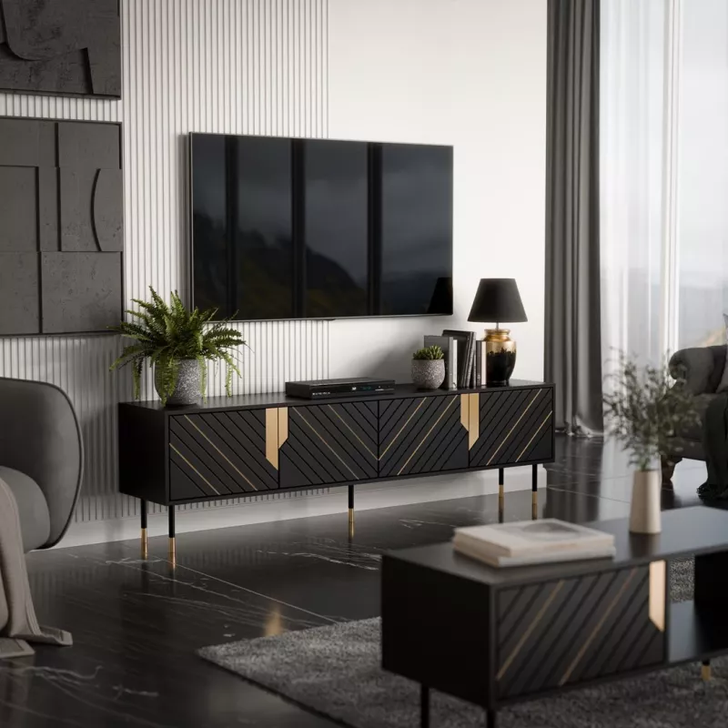 Mueble TV cama meble Cama 4D MOUNTAIN 2040×400×550 mm negro + dorado tablero de partículas superficie superior