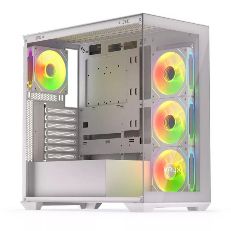 Caja de PC KRUX Exo Midi Tower, ATX/micro-ATX/mini-ITX, 2x cristal templado, USB-C, 4 ventiladores de 120 mm, 2 bahías de 3,5 pulgadas + 2 de 2,5 pulgadas, GPU hasta 40,5 cm, blanca