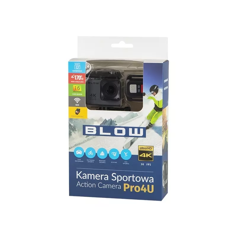 Cámara de acción BLOW 78-538 – 4K Ultra HD, pantalla de 2 inch, campo de visión de 170°, Wi‑Fi, estabilizador de imagen, microSD hasta 64 GB