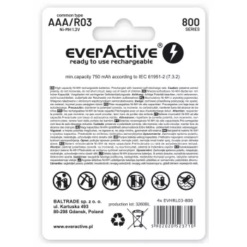 Pilas recargables AAA NiMH everActive EVHRL03-800 – 1,2 V, 4 uds., cilíndricas 44,5×10,5 mm