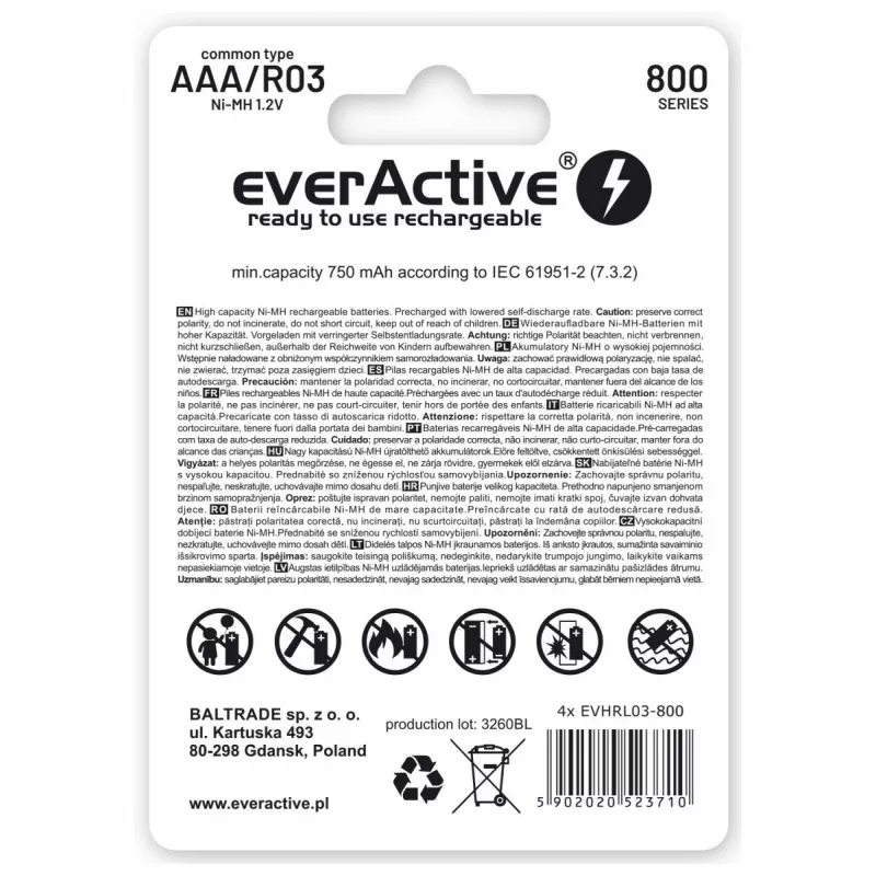Pilas recargables AAA NiMH everActive EVHRL03-800 – 1,2 V, 4 uds., cilíndricas 44,5×10,5 mm