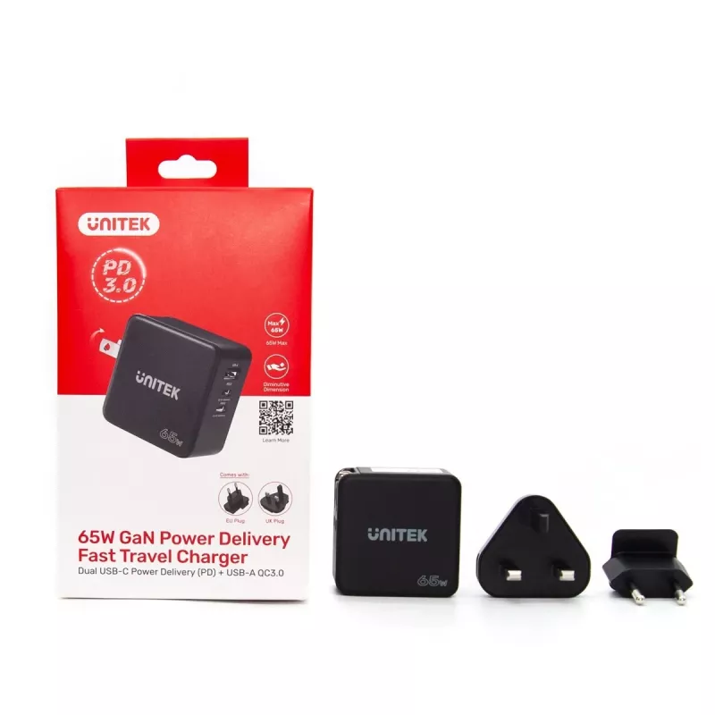 Unitek P1117B Cargador universal móvil USB-C PD 65W, 2x USB‑C PD + 1x USB‑A, Negro