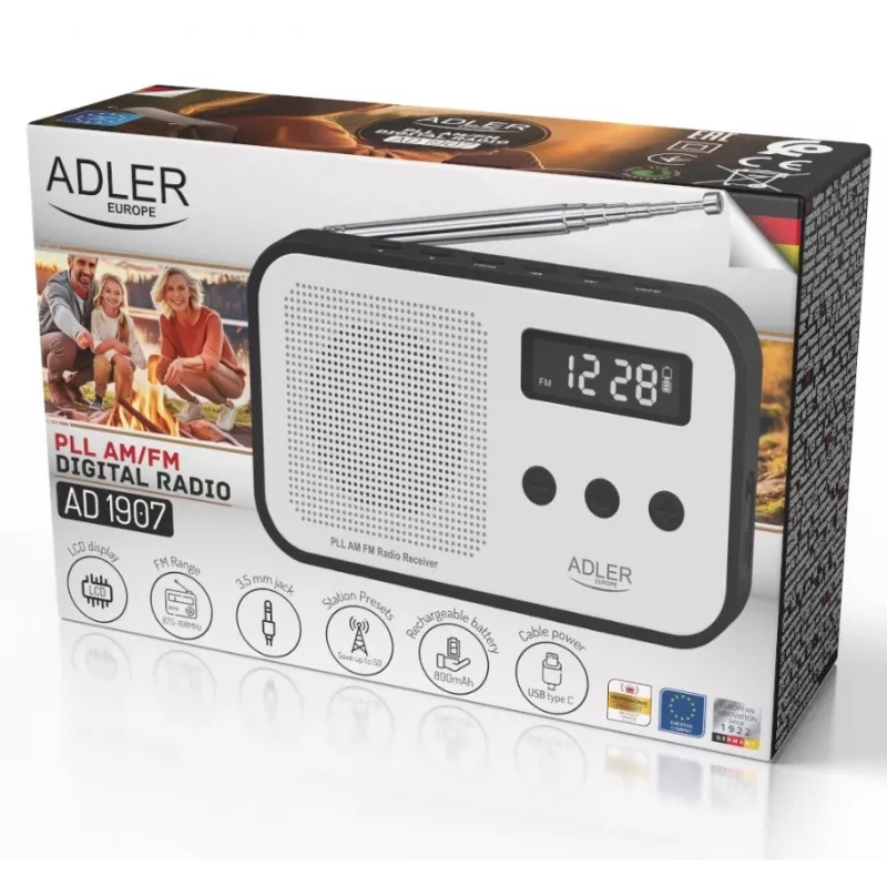 Adler AD 1907 radio digital PLL, AM/FM, 40 presintonías, alarma con repetición, USB-C, batería recargable integrada, conector de 3,5 mm, blanco/negro
