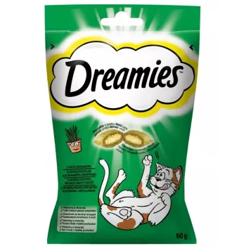 Snacks para gatos Dreamies con hierba gatera 60 g – snacks de carne crujientes y del tamaño de un bocado, 22% proteína, 22% grasa, 2% fibra bruta