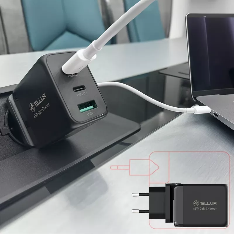 Cargador de pared Tellur TLL151451 65W, 3 puertos (2x USB-C, 1x USB-A)