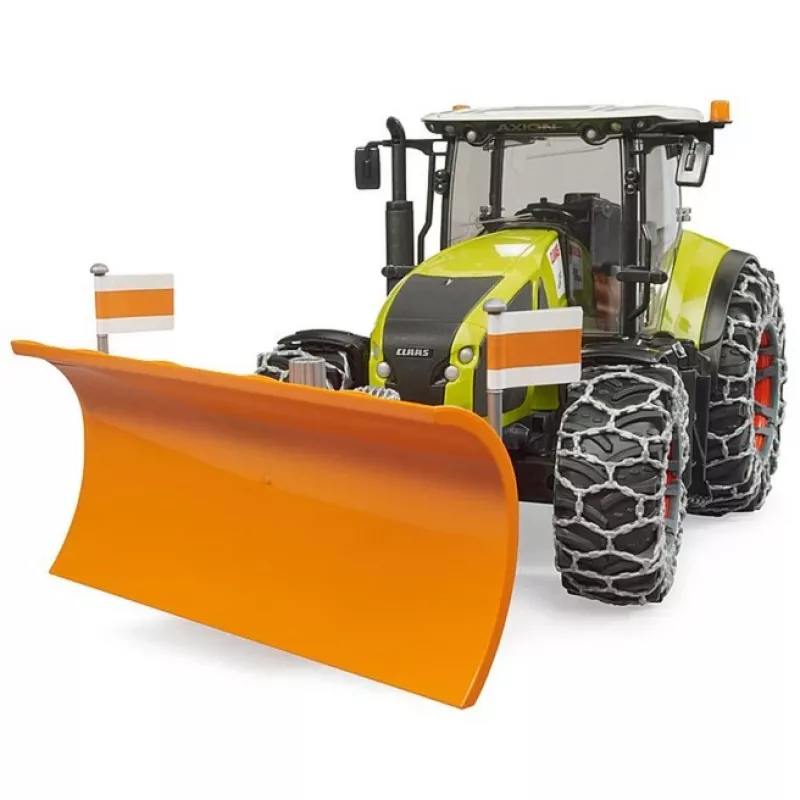 Tractor de juguete BRUDER Claas Axion 950 con cadenas para nieve y quitanieves, modelo a escala