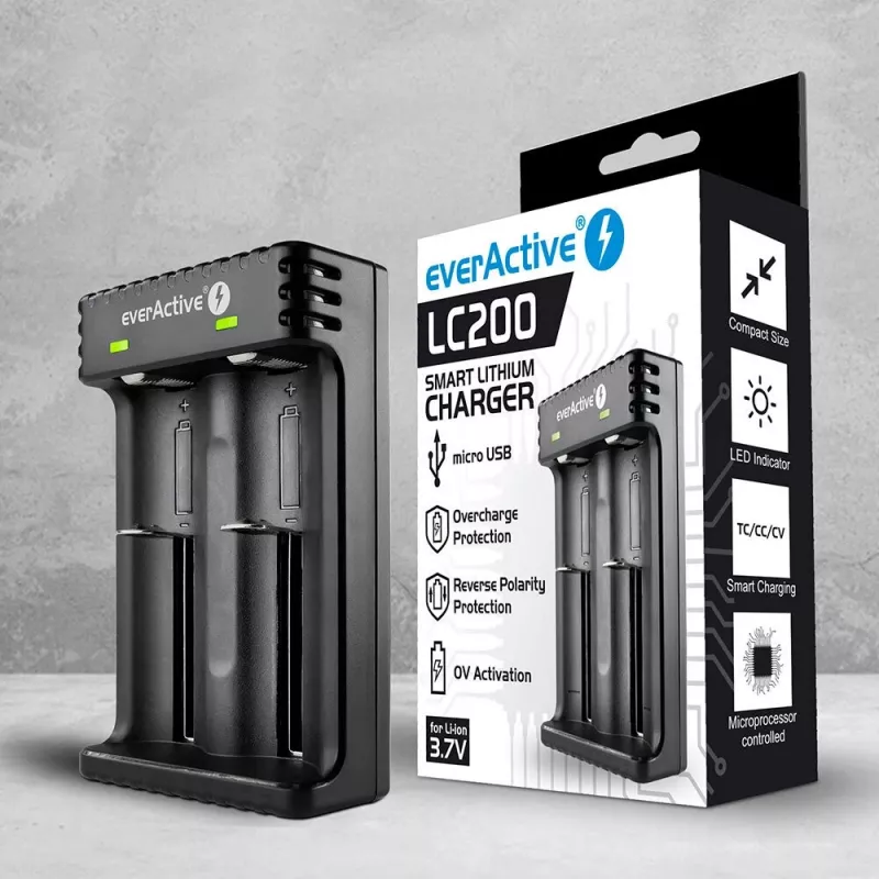 Cargador de pilas everActive LC200 Hogar USB, 2 compartimentos, Li-Ion, compatible con A/AA/AAA/AAAA/C/D, entrada 5 V, salida 4,2 V, negro