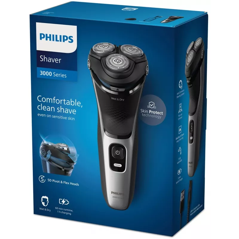 Afeitadora eléctrica Philips 3000 Serie S3143/00 — Sistema rotatorio de 3 cabezales, húmedo y seco, Li-Ion, 60 minutos de autonomía