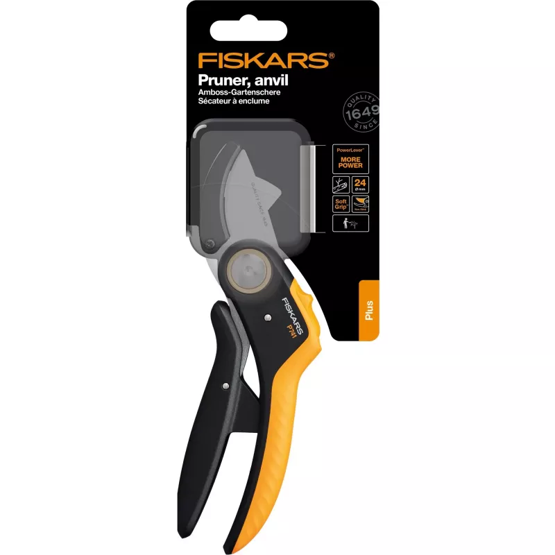 Tijera de podar Fiskars Plus PowerLever yunque negro naranja