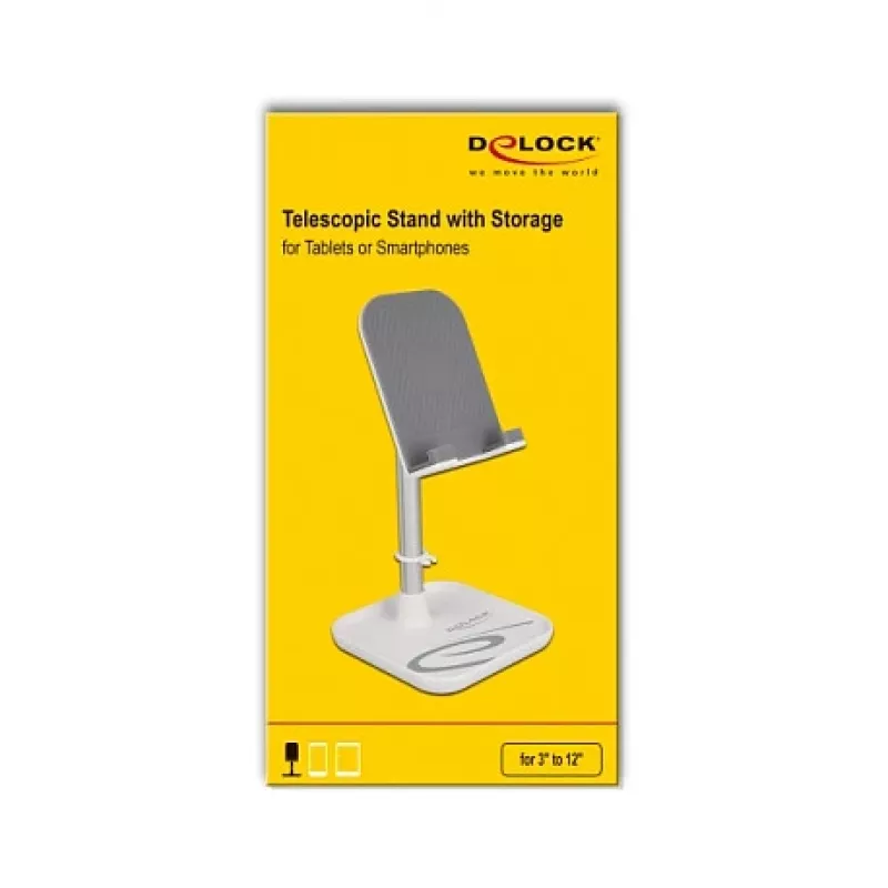 Soporte telescópico DeLOCK para smartphone y tablet con bandeja, plata/blanco