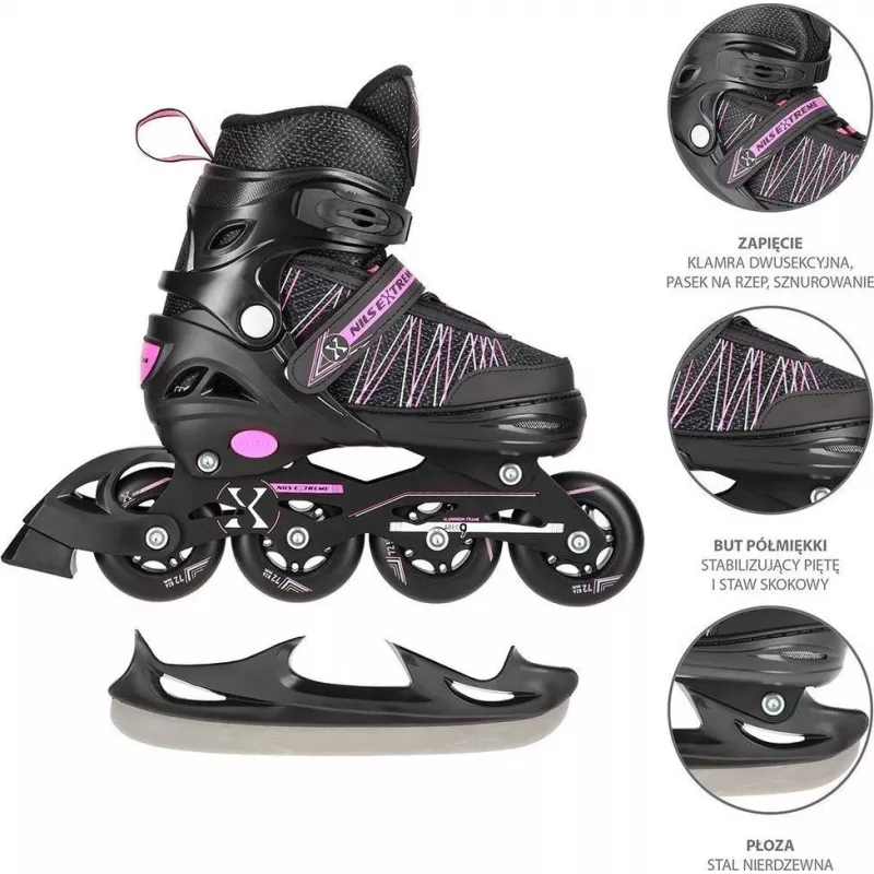 Patines 2IN1 Nils Extreme NH11912 A negro/rosa talla S (31-34) con patines de hockey intercambiables
