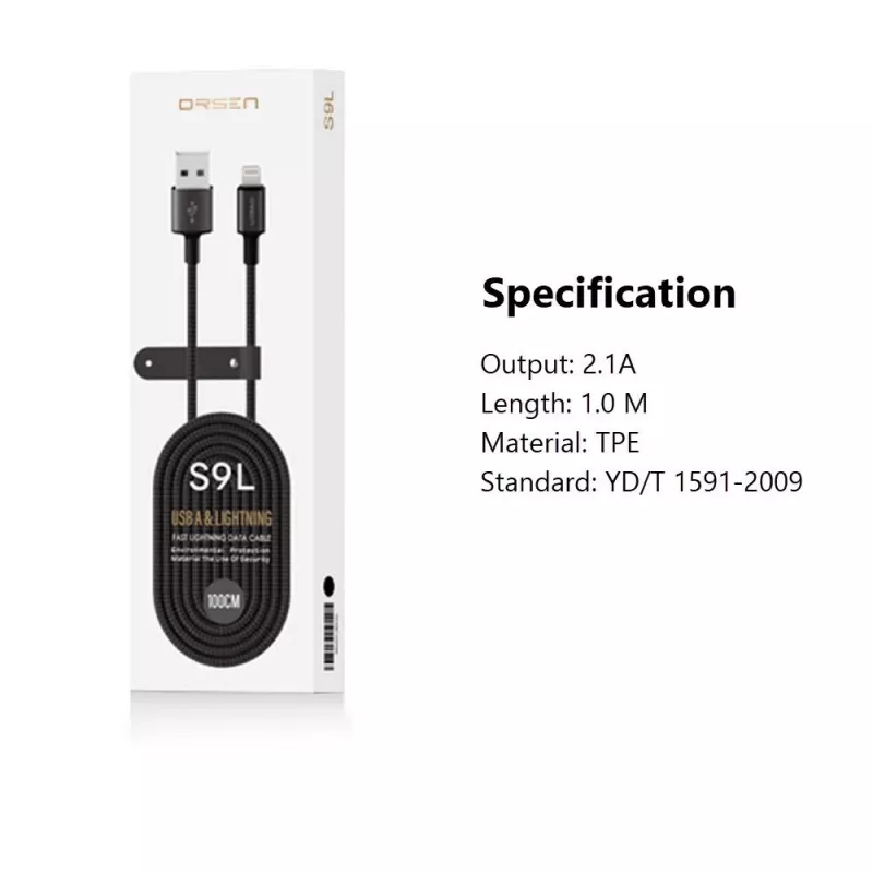 Cable USB-A a Lightning Orsen S9L 1 m 2,1A — negro
