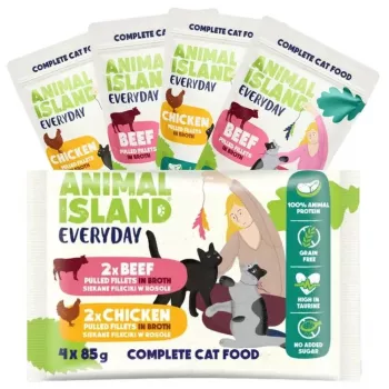 ANIMAL ISLAND Everyday Filetes de pollo y ternera en caldo - Comida húmeda para gatos - 4 x 85 g