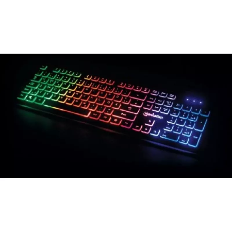 Manhattan Teclado USB gaming, Low Force Key Edition, 12 teclas multimedia, retroiluminación LED Rainbow, USB-A, negro, caja retail (distribución alemana)