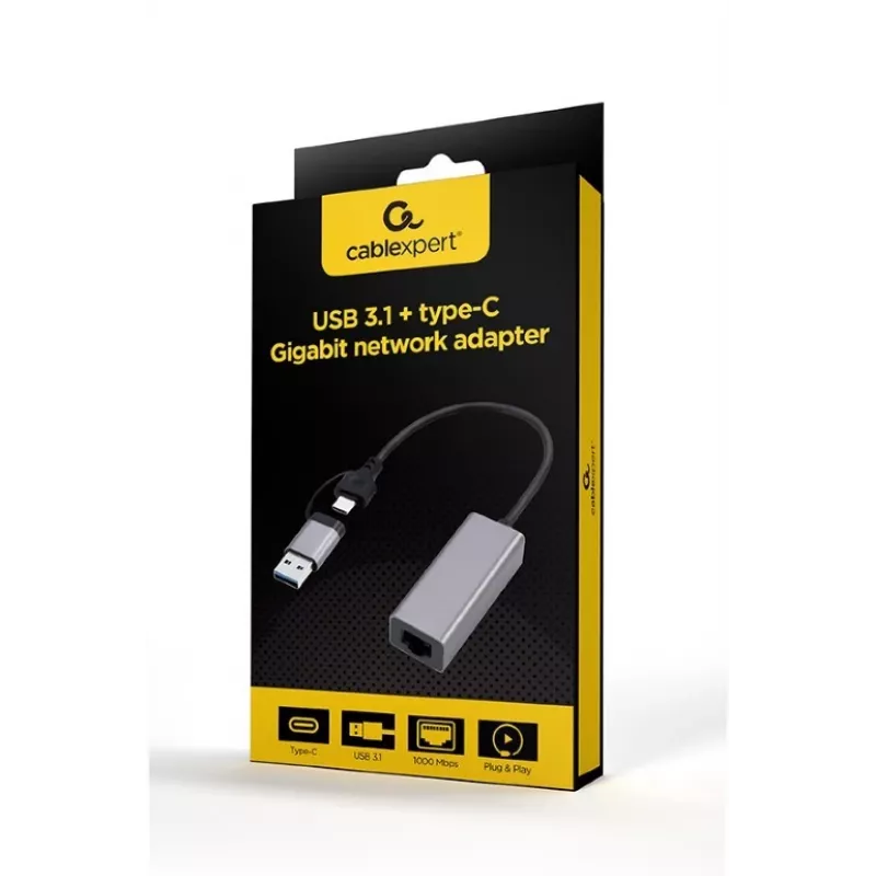 Gembird A-USB3AC-LAN-01 adaptador de red Gigabit USB 3.1 + Type-C, 1x RJ-45, 10/100/1000 Mbps, carcasa metálica, space grey