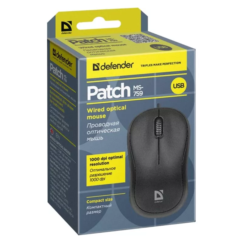Ratón óptico con cable DEFENDER PATCH MS-759 USB Type-A, ambidiestro, 1000 DPI, negro
