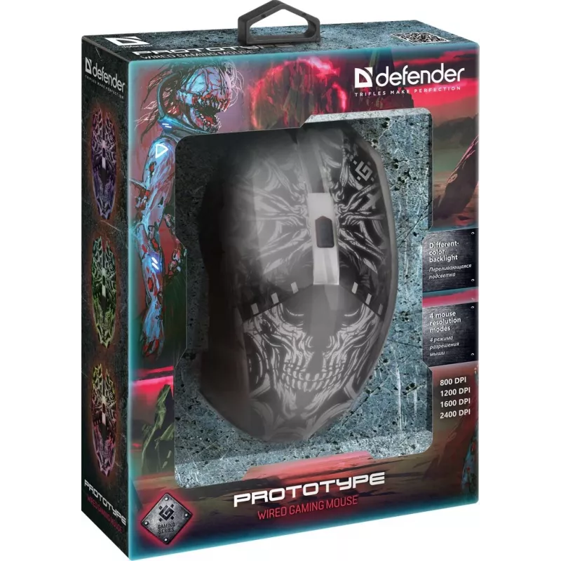 Defender PROTOTYPE GM-670L ratón gaming, óptico, 2400 DPI, con cable USB, ambidiestro, iluminado, negro