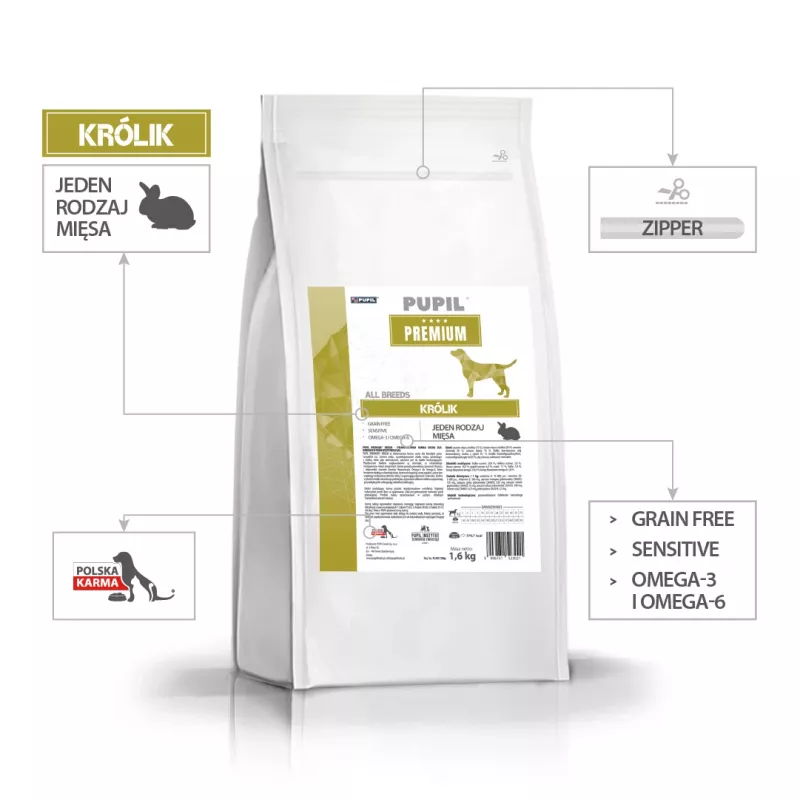 PUPIL Premium Todas las razas Conejo - Pienso seco para perros - 1,6 kg