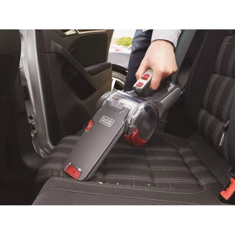 Aspirador de mano Black & Decker PV1200AV — Limpiador de tapicerías en seco, 12 V, 0,44 L, 12,5 W, cable de 5 m, gris/rojo