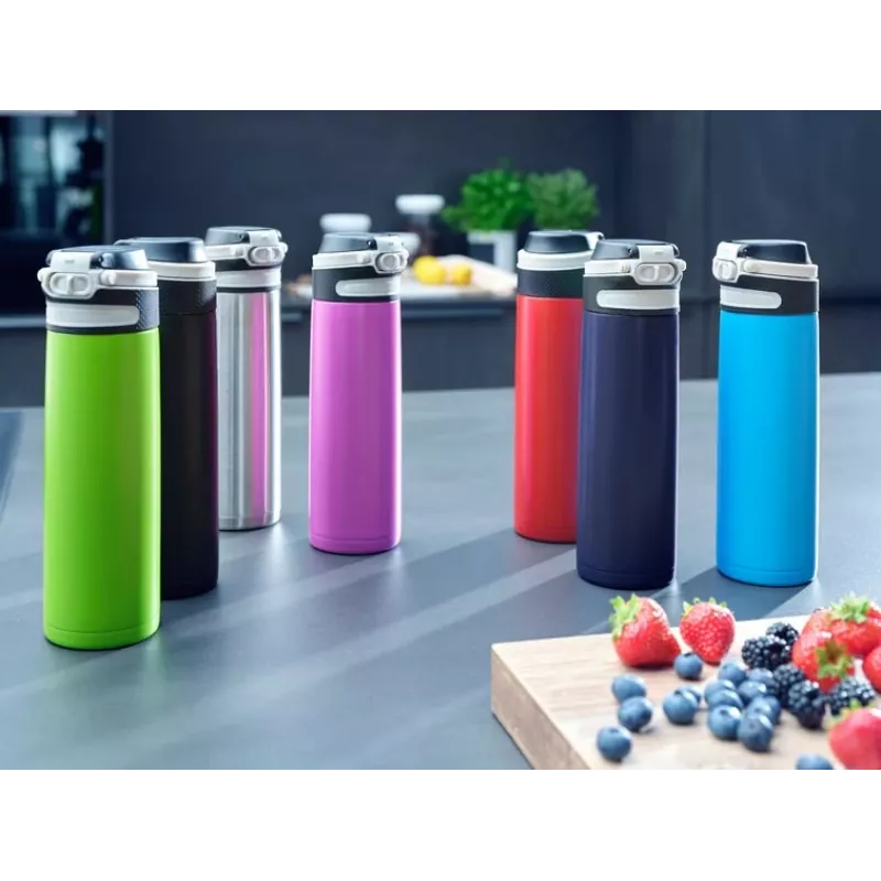 Vaso de viaje Leifheit 03275 600 ml acero inoxidable, doble pared, a prueba de fugas, tapa abatible, asa, negro/azul