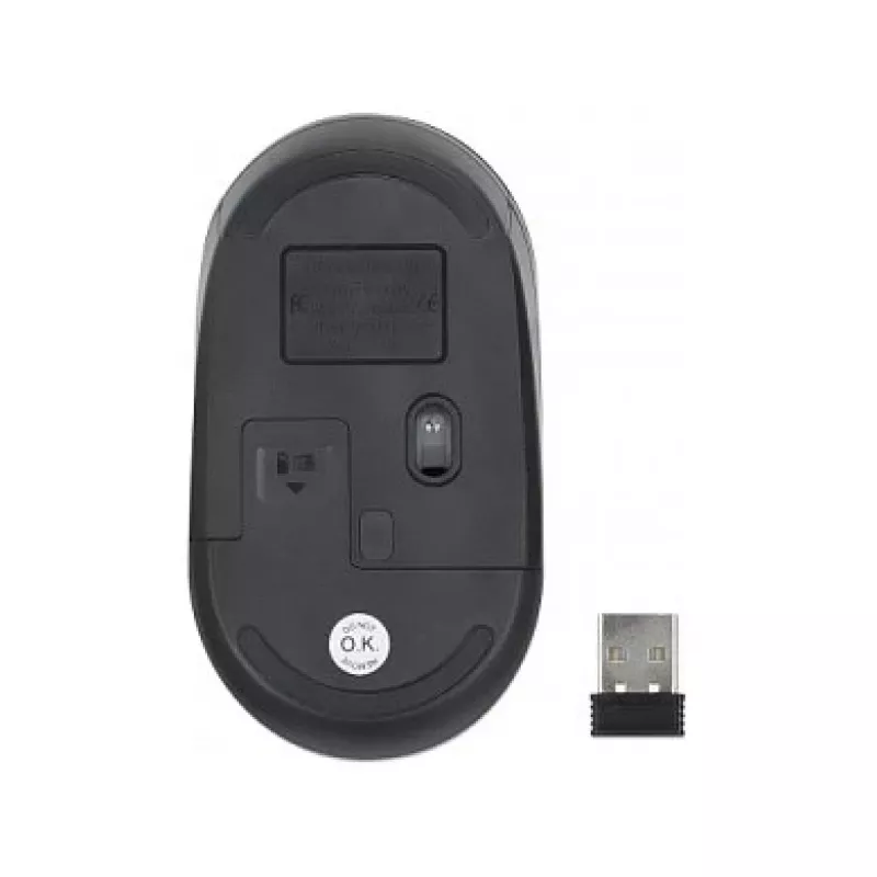 Manhattan ratón inalámbrico Performance III, negro, 1000 dpi, 2,4 GHz (hasta 10 m), USB, óptico, ambidiestro, tres botones con rueda de desplazamiento, receptor nano USB, pila AA (no incluida), base de baja fricción, tres años de garantía