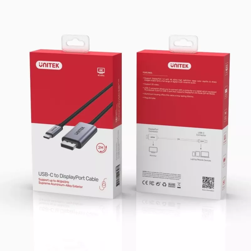 Adaptador de cable UNITEK V1409A USB-C DisplayPort Negro, Gris